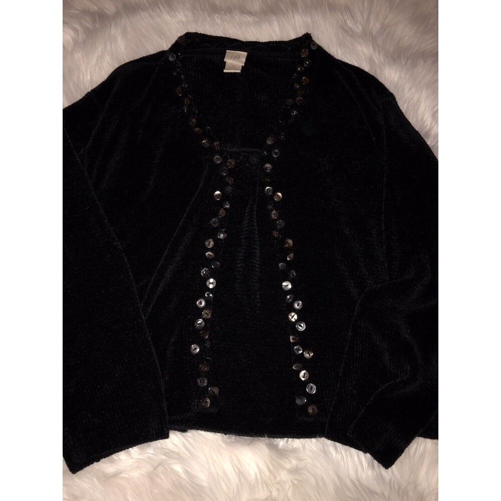 J Jill Womens S Petite Black Rayon Blend Cardigan Jacket Sweater Embellished